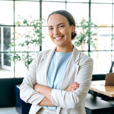 Portrait successful confident beautiful brazilian or hispanic business woman, real estate agent, in